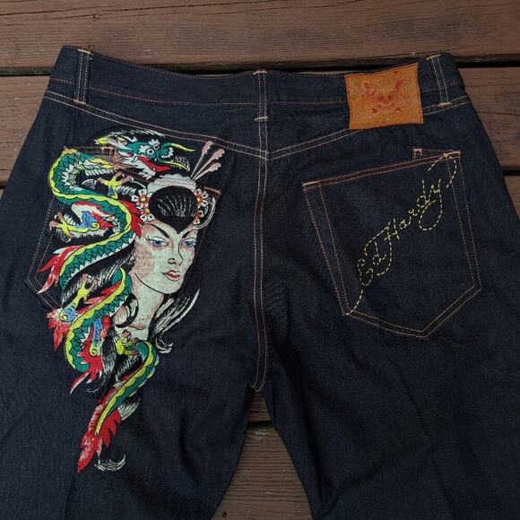 Ed Hardy Men Jeans 40x32 Blue Vintage Straight Leg Embroidered Japanese Dragon